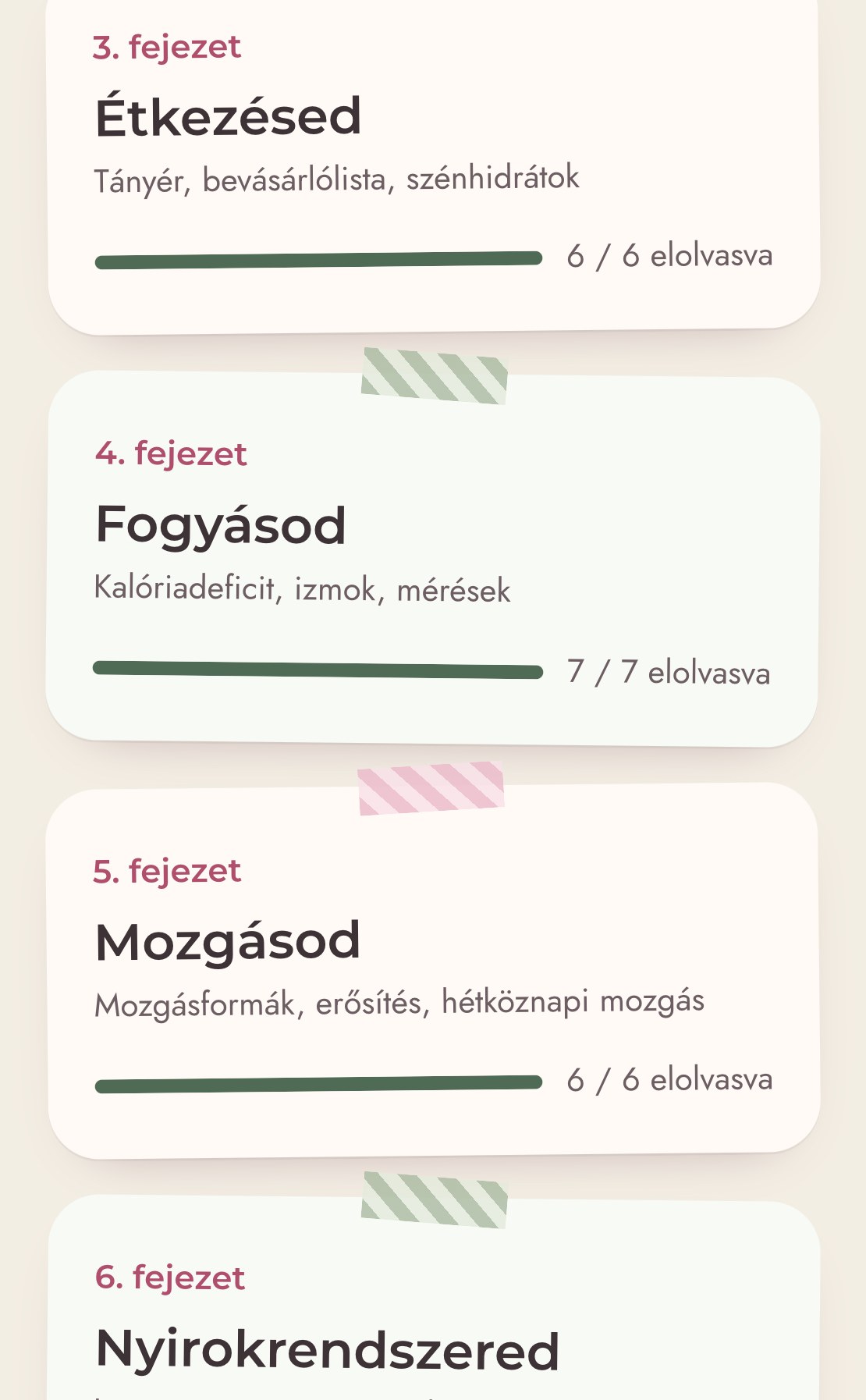 Fejezetek haladásjelzővel.